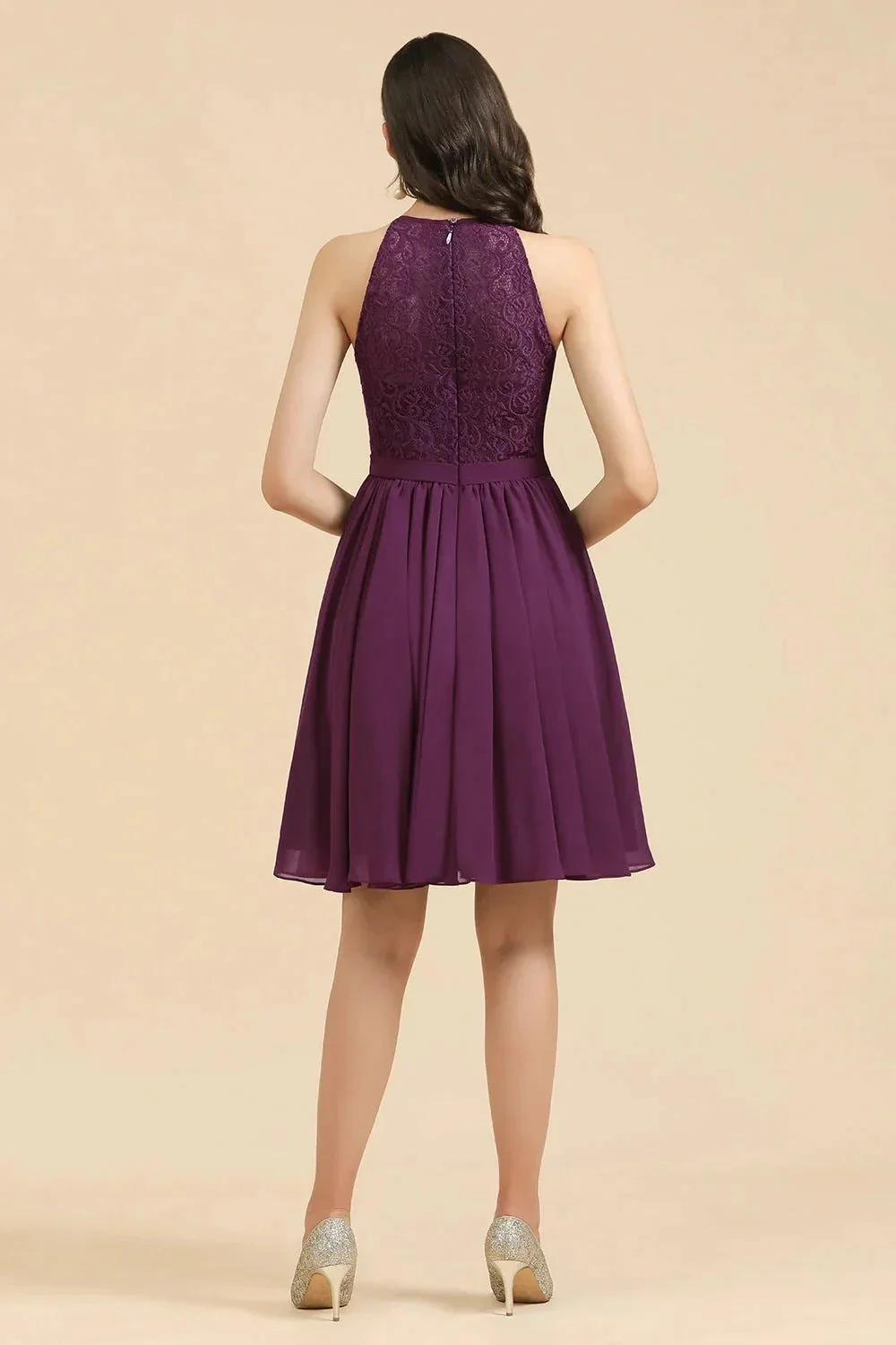 Halter Lace Bridesmaid Dress Chiffon Sleeveless Short Dress - Image 7