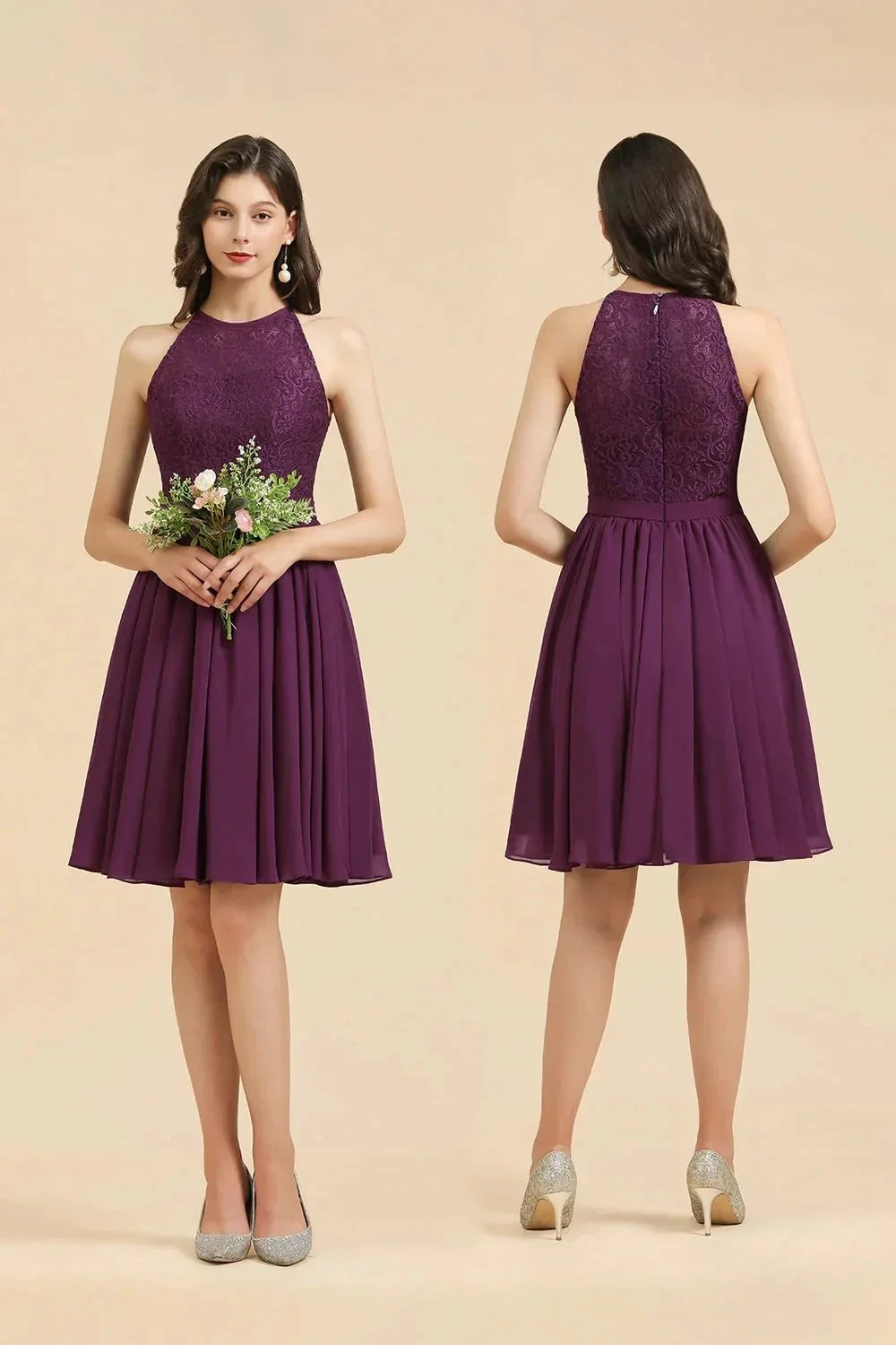 Halter Lace Bridesmaid Dress Chiffon Sleeveless Short Dress - Image 8