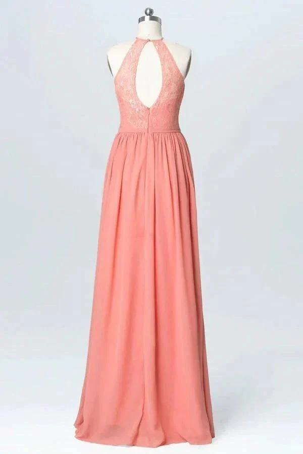 Halter Lace Long Chiffon Peach Bridesmaid Dresses  BD060 - Image 2