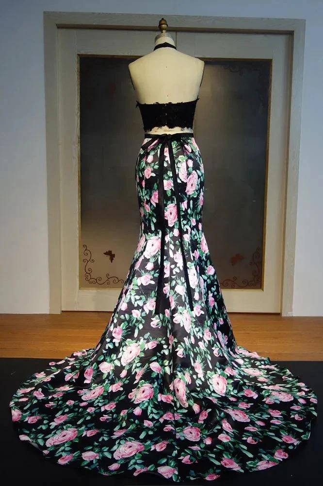 Halter Long Mermaid Two-piece Lace Top Print Flowers Prom Dresses - Image 2