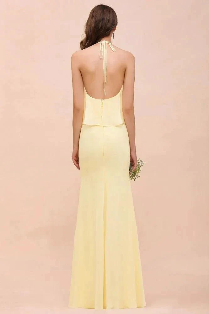 Halter Mermaid Chiffon Girls Bridesmaid Dress Yellow Floor length Beach Wedding Dress - Image 2