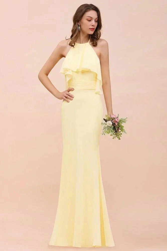 Halter Mermaid Chiffon Girls Bridesmaid Dress Yellow Floor length Beach Wedding Dress - Image 3