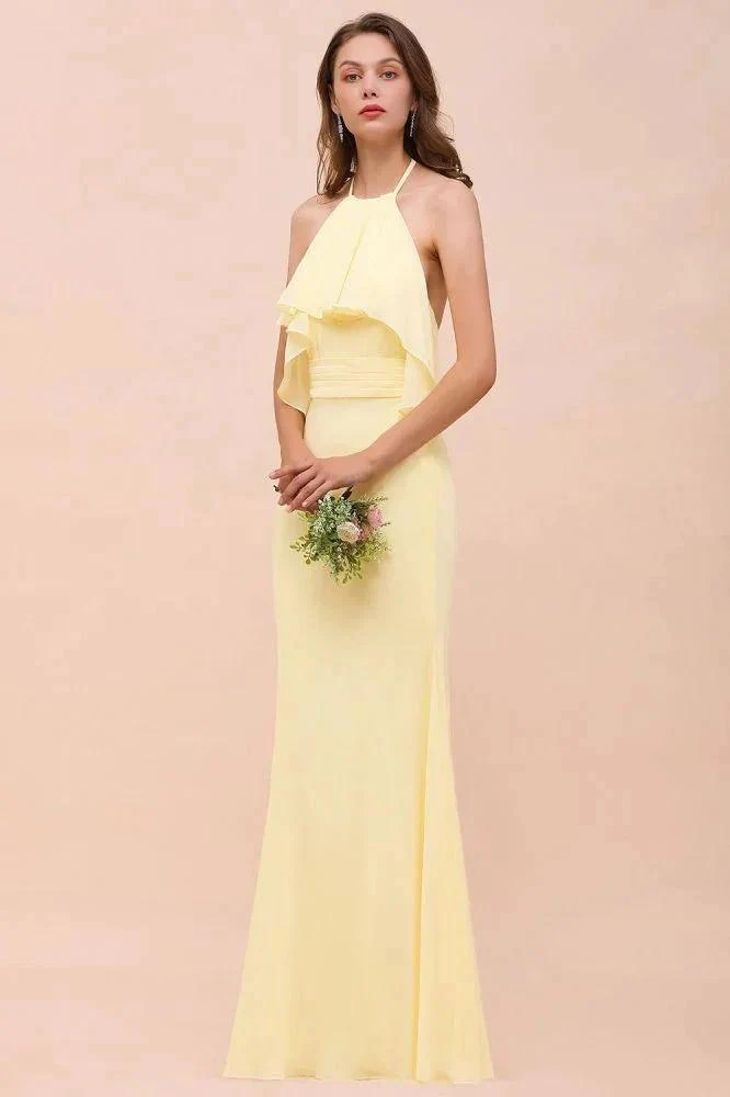 Halter Mermaid Chiffon Girls Bridesmaid Dress Yellow Floor length Beach Wedding Dress - Image 4