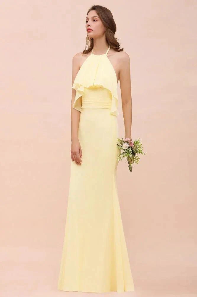 Halter Mermaid Chiffon Girls Bridesmaid Dress Yellow Floor length Beach Wedding Dress - Image 5