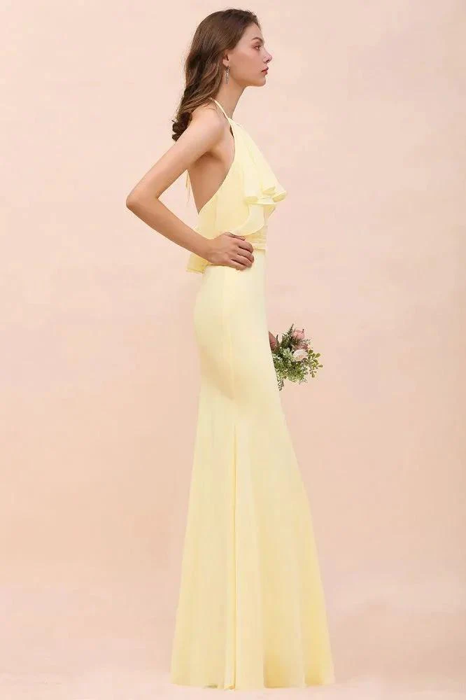 Halter Mermaid Chiffon Girls Bridesmaid Dress Yellow Floor length Beach Wedding Dress - Image 6