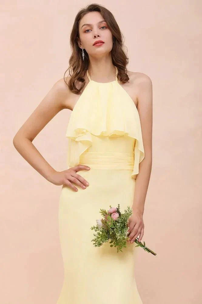 Halter Mermaid Chiffon Girls Bridesmaid Dress Yellow Floor length Beach Wedding Dress - Image 7