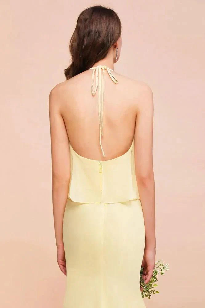 Halter Mermaid Chiffon Girls Bridesmaid Dress Yellow Floor length Beach Wedding Dress - Image 8