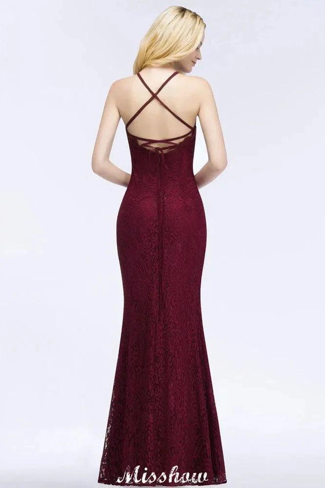 Halter Mermaid Evening Dress Floor Length Lace Burgundy Bridesmaid Dresses - Image 2