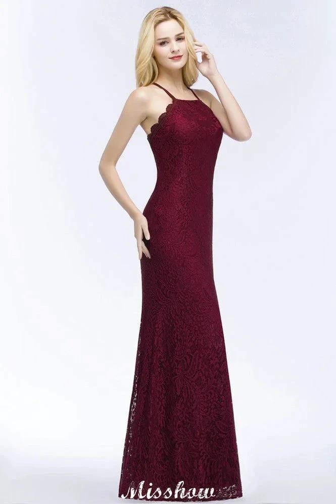 Halter Mermaid Evening Dress Floor Length Lace Burgundy Bridesmaid Dresses - Image 3