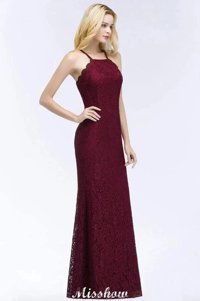 Halter Mermaid Evening Dress Floor Length Lace Burgundy Bridesmaid Dresses - Image 5