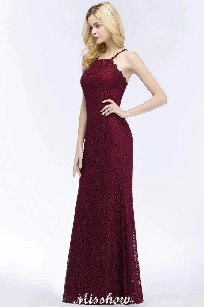Halter Mermaid Evening Dress Floor Length Lace Burgundy Bridesmaid Dresses - Image 6