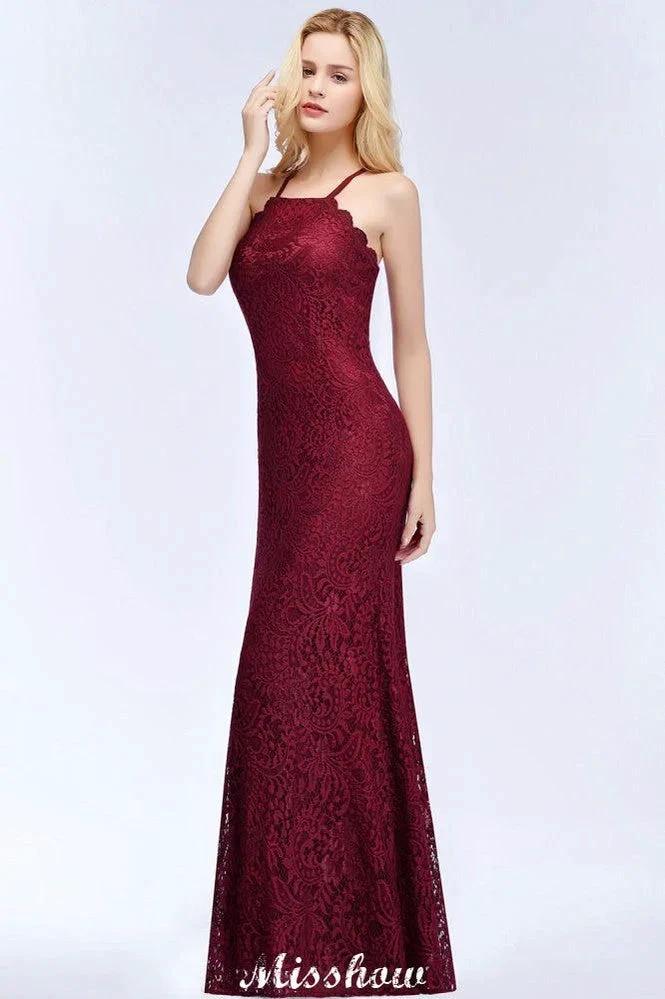 Halter Mermaid Evening Dress Floor Length Lace Burgundy Bridesmaid Dresses - Image 7