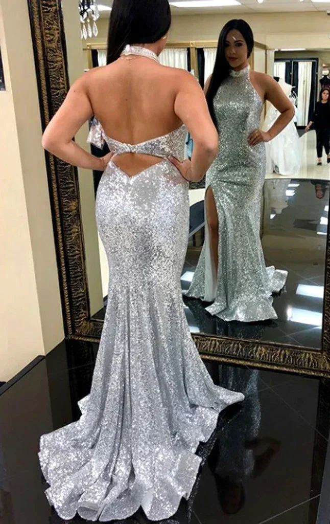 Halter Mermaid Sequin Prom Dress Silver Formal Evening Gown Y1506 - Image 2