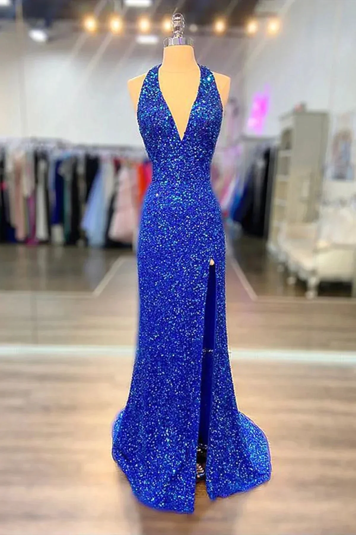 Halter Neck Royal Blue Long Prom Dresses, Shiny Royal Blue Long Formal Evening Dresses Y124 - Image 2
