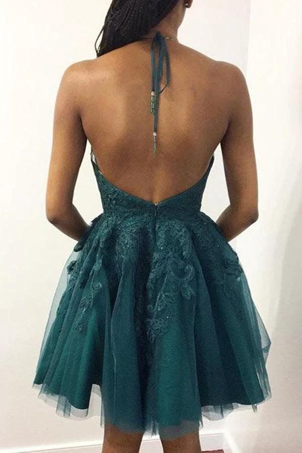 Halter Neck Short Emerald Green Lace Prom Dresses Homecoming Dresses PD448 - Image 2