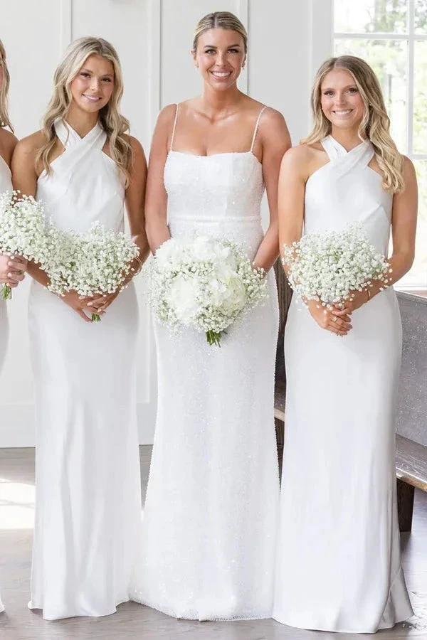 Halter Neckline Cutout Back Long White Bridesmaid Dress BD120 - Image 2