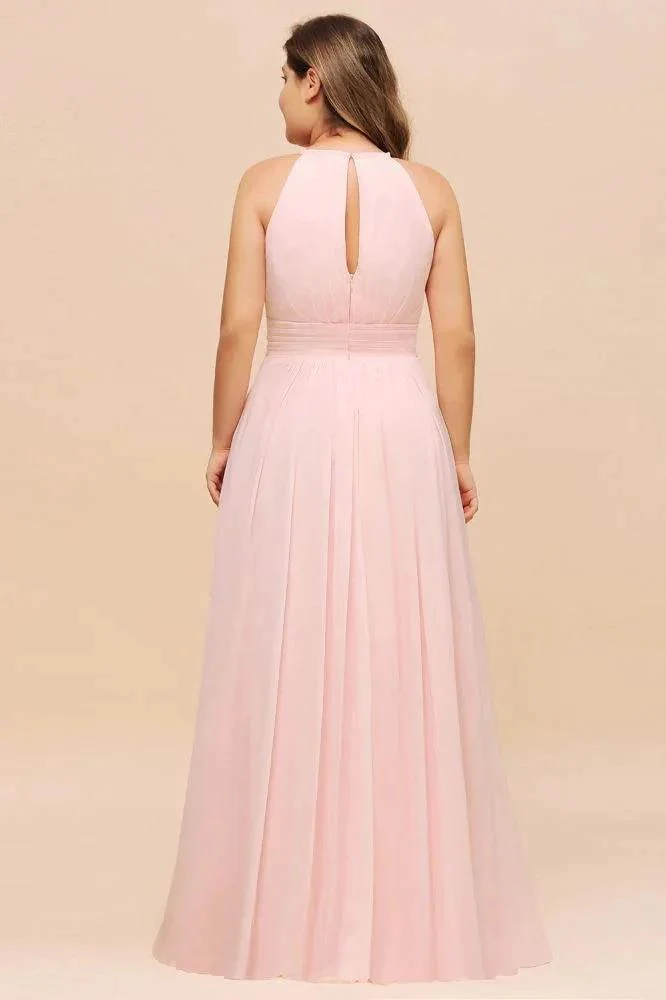 Halter Pink Bridesmaid Dress Plus Size Chiffon Wedding party Dress for Girls - Image 2