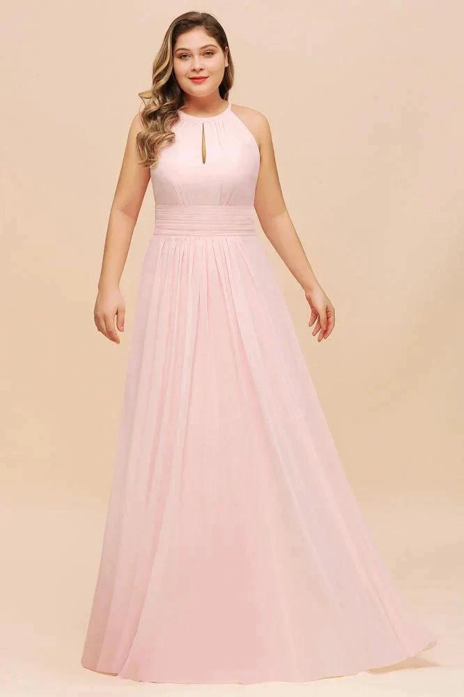 Halter Pink Bridesmaid Dress Plus Size Chiffon Wedding party Dress for Girls - Image 3