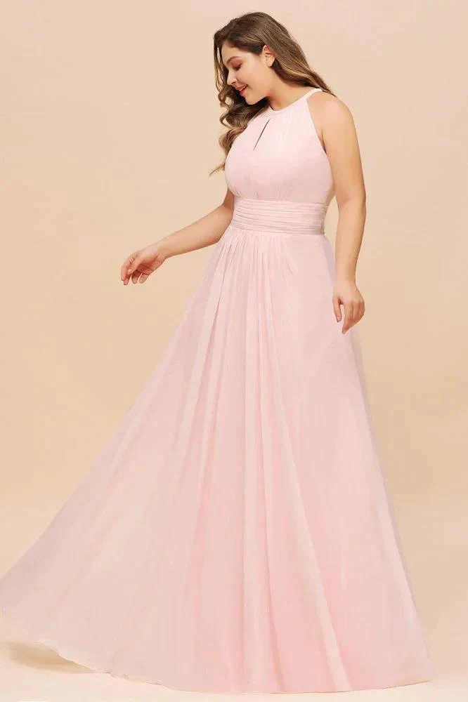Halter Pink Bridesmaid Dress Plus Size Chiffon Wedding party Dress for Girls - Image 4