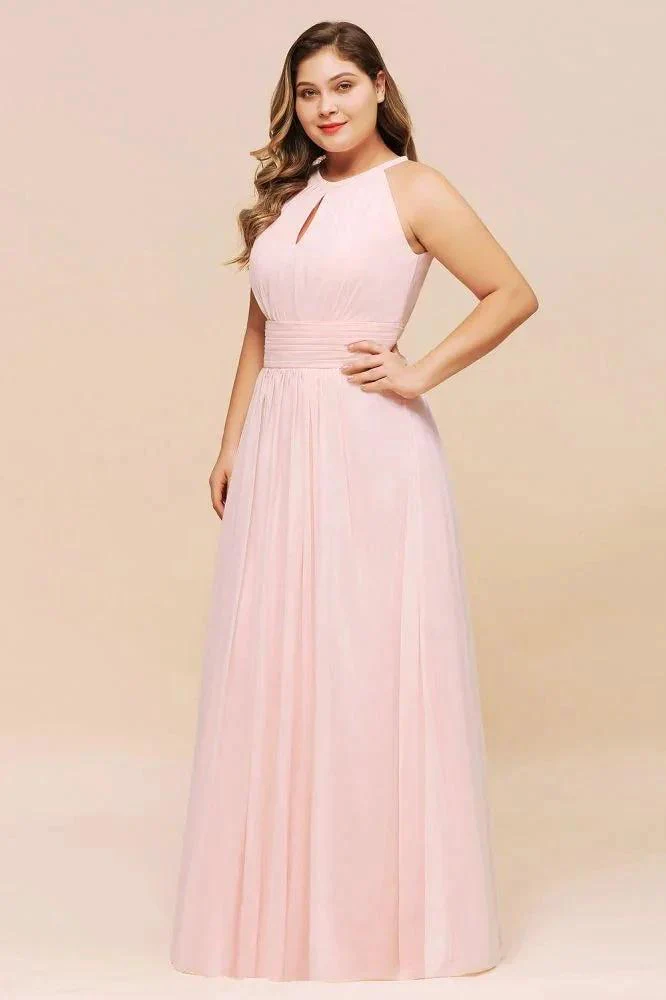 Halter Pink Bridesmaid Dress Plus Size Chiffon Wedding party Dress for Girls - Image 5