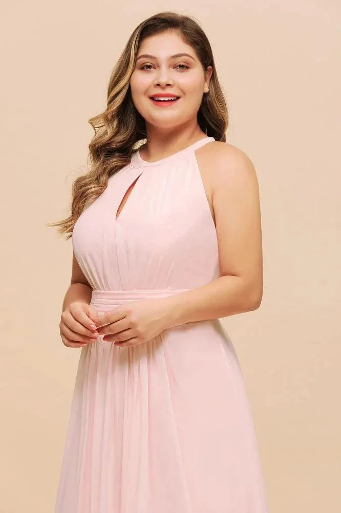 Halter Pink Bridesmaid Dress Plus Size Chiffon Wedding party Dress for Girls - Image 6