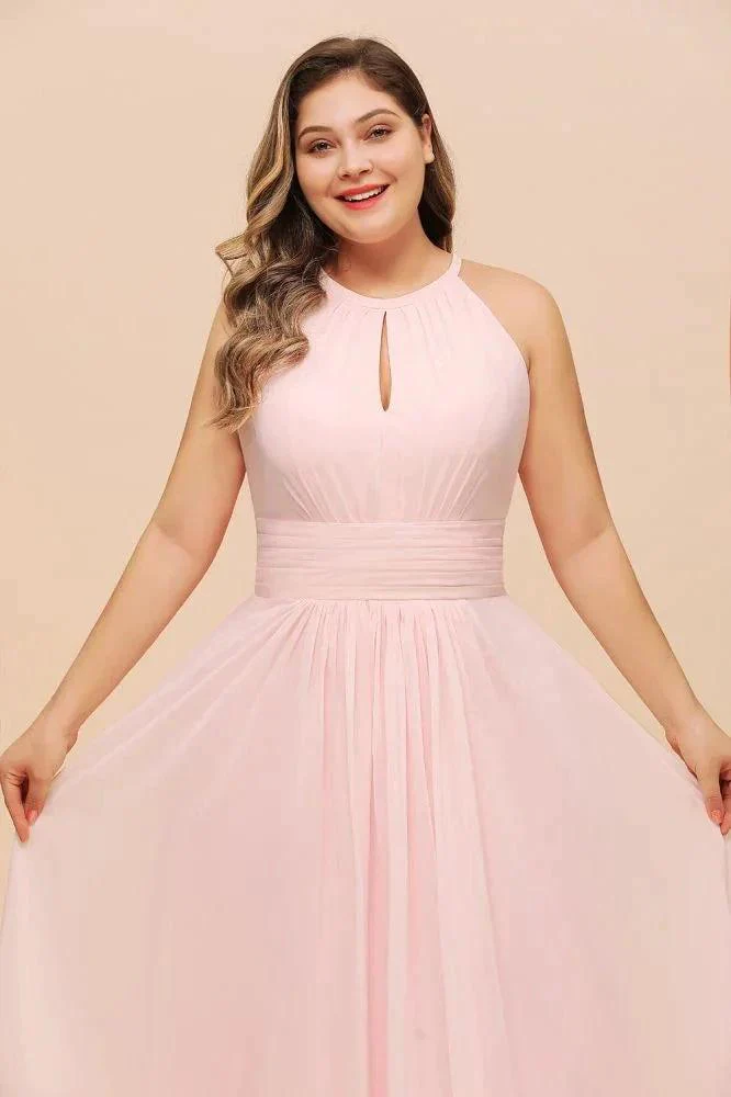 Halter Pink Bridesmaid Dress Plus Size Chiffon Wedding party Dress for Girls - Image 7