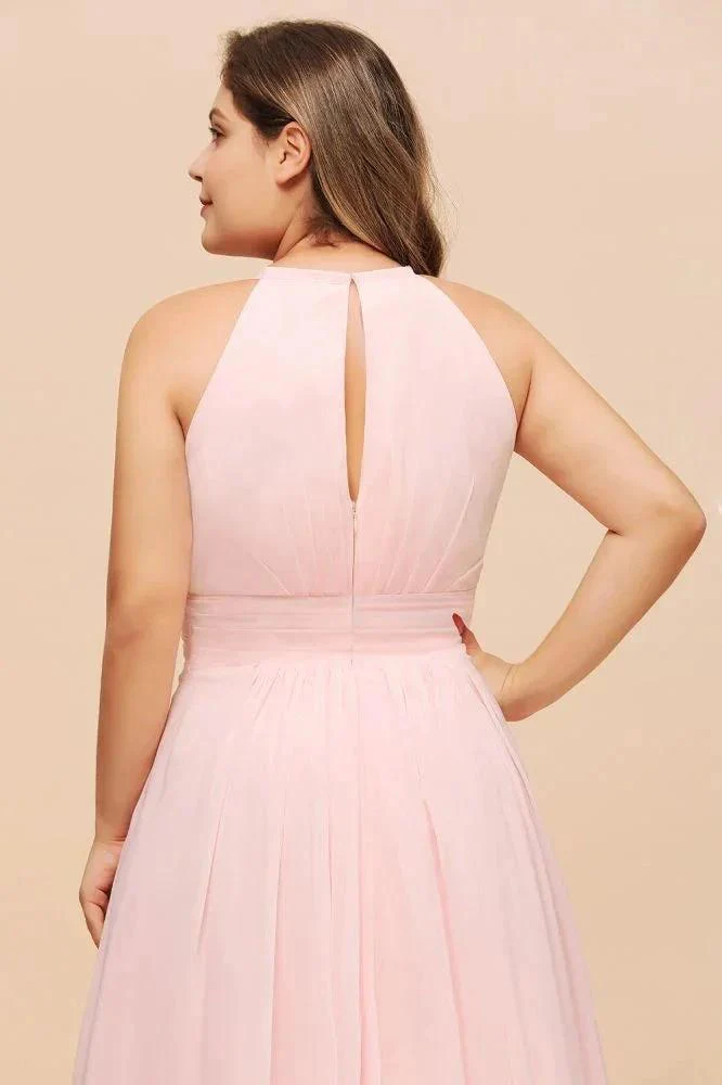 Halter Pink Bridesmaid Dress Plus Size Chiffon Wedding party Dress for Girls - Image 8