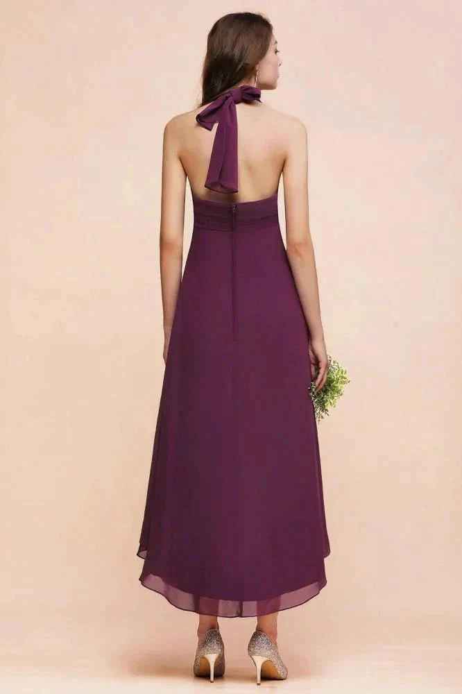 Halter Purple Hi-Lo Bridesmaid Dress Chiffon Cocktail Party Dress - Image 2