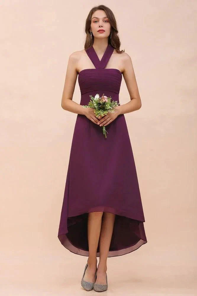 Halter Purple Hi-Lo Bridesmaid Dress Chiffon Cocktail Party Dress - Image 3