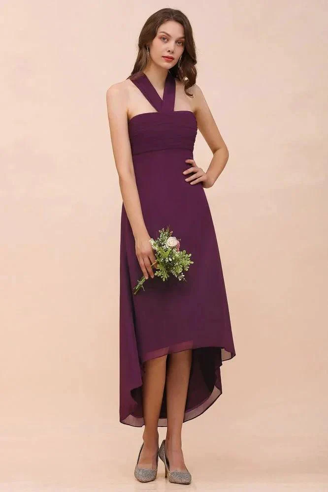 Halter Purple Hi-Lo Bridesmaid Dress Chiffon Cocktail Party Dress - Image 4