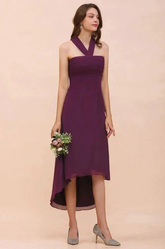Halter Purple Hi-Lo Bridesmaid Dress Chiffon Cocktail Party Dress - Image 5