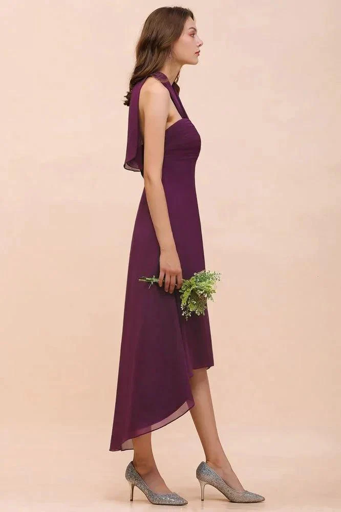 Halter Purple Hi-Lo Bridesmaid Dress Chiffon Cocktail Party Dress - Image 6