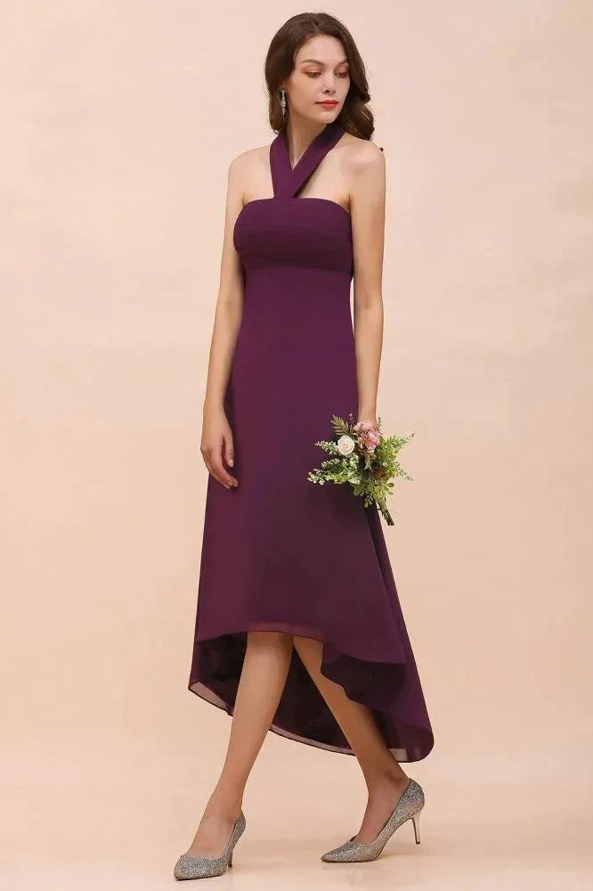 Halter Purple Hi-Lo Bridesmaid Dress Chiffon Cocktail Party Dress - Image 7