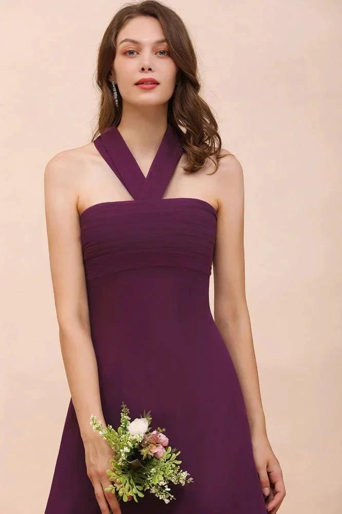 Halter Purple Hi-Lo Bridesmaid Dress Chiffon Cocktail Party Dress - Image 8