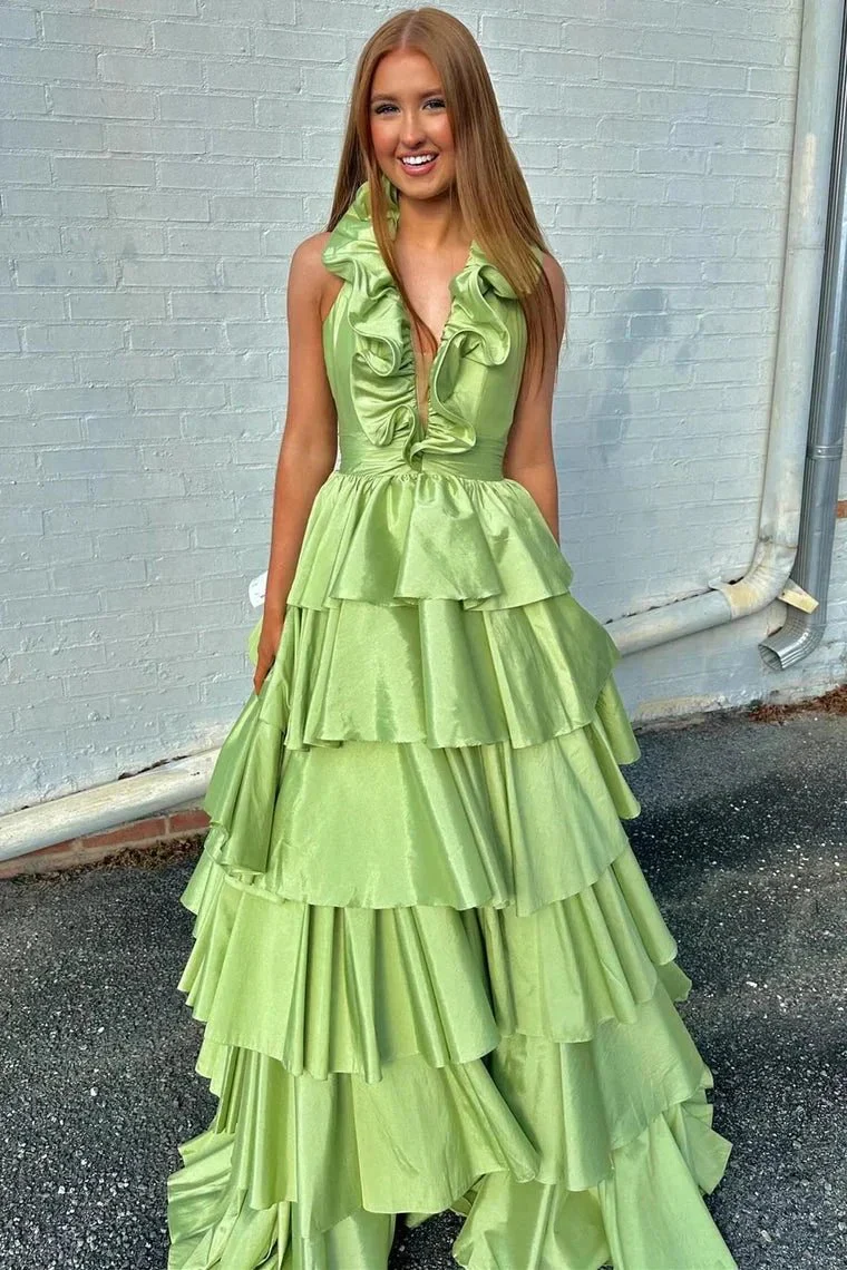 Flora | Halter Red Ruffle Tiered A-Line Prom Dress - Image 3