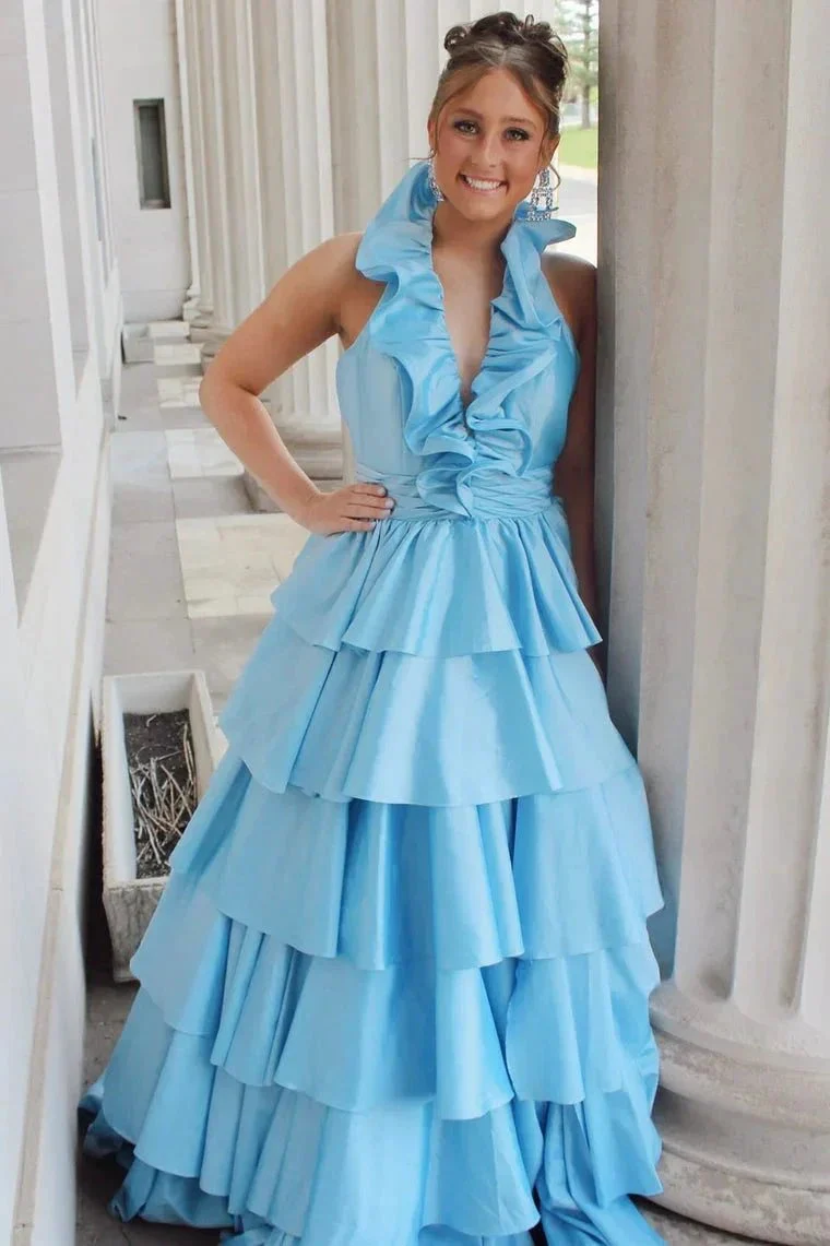 Flora | Halter Red Ruffle Tiered A-Line Prom Dress - Image 8