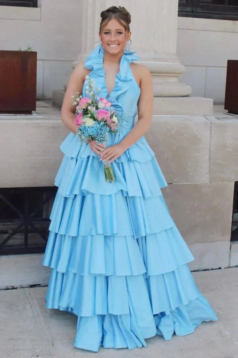 Flora | Halter Red Ruffle Tiered A-Line Prom Dress - Image 9