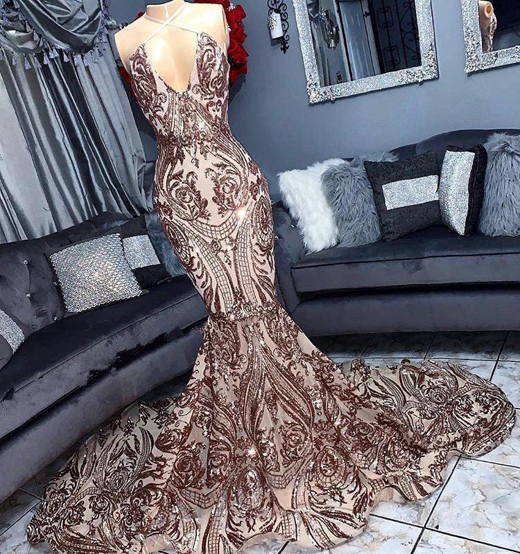 Halter Sequins Mermaid Prom Dress Sleeveless Long Party Gowns - Image 2
