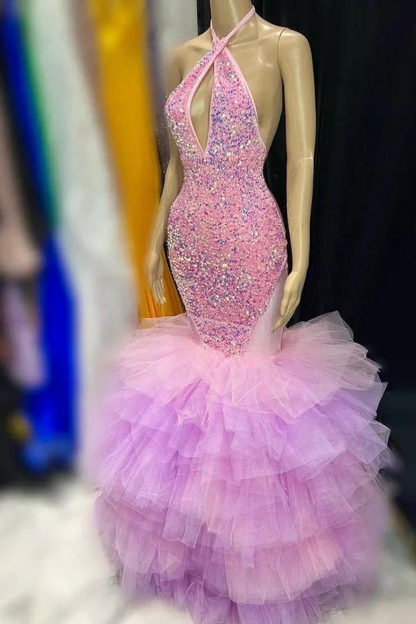 Halter Sequins Tulle Tiered Mermaid Sleeveless Prom Dress - Image 2