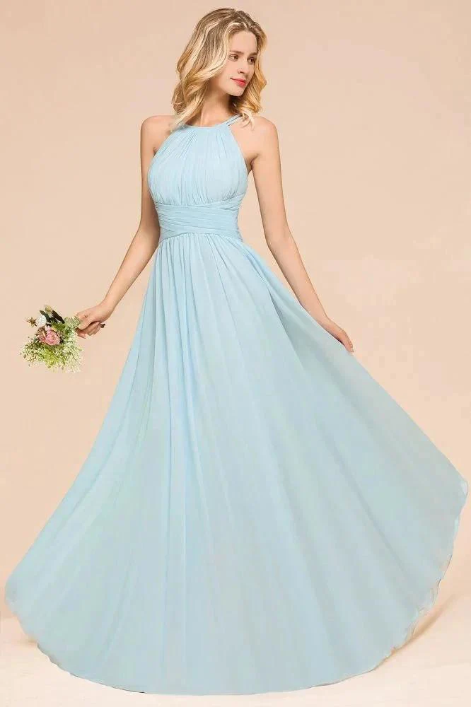 Halter Sky Blue Floor Length Bridesmaid Dress online Sleeveless A-line party Dress - Image 3