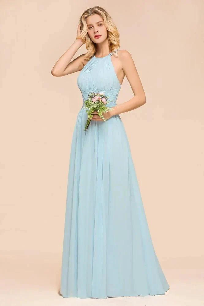 Halter Sky Blue Floor Length Bridesmaid Dress online Sleeveless A-line party Dress - Image 4