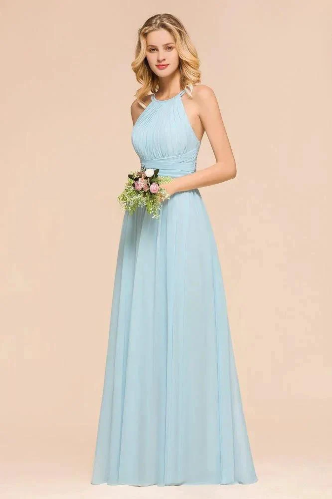 Halter Sky Blue Floor Length Bridesmaid Dress online Sleeveless A-line party Dress - Image 5