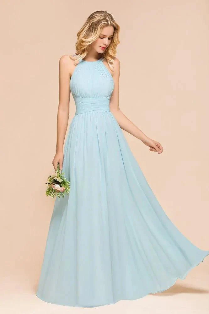 Halter Sky Blue Floor Length Bridesmaid Dress online Sleeveless A-line party Dress - Image 6