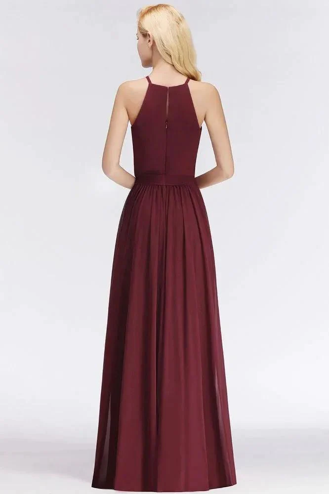 Halter Sleeveless A-line Burgundy Ruffles Chiffon Bridesmaid Dresses - Image 2