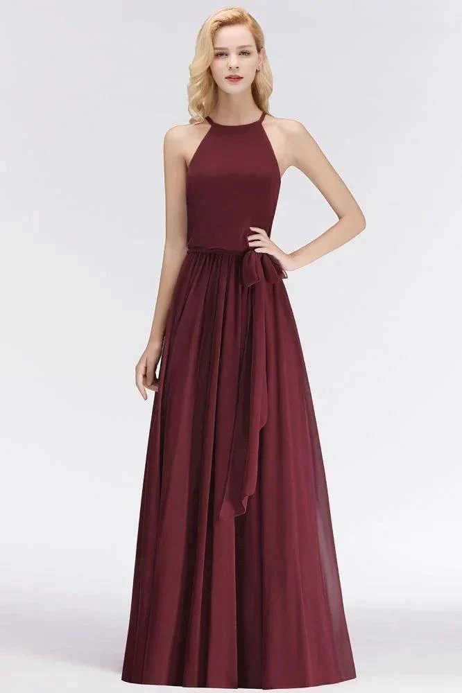 Halter Sleeveless A-line Burgundy Ruffles Chiffon Bridesmaid Dresses - Image 3
