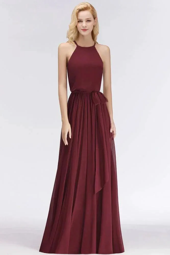 Halter Sleeveless A-line Burgundy Ruffles Chiffon Bridesmaid Dresses - Image 4