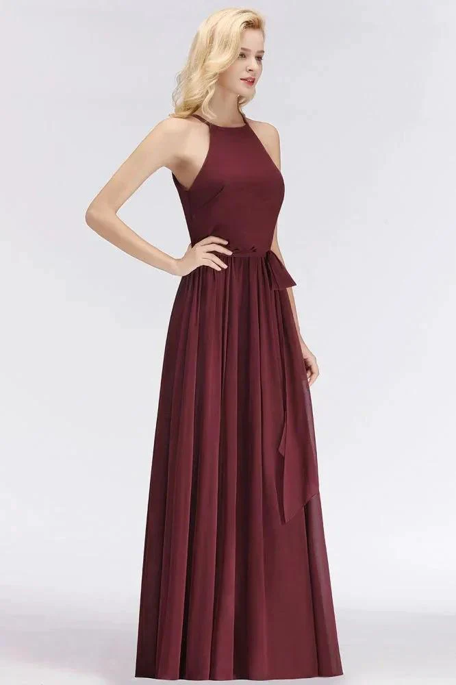Halter Sleeveless A-line Burgundy Ruffles Chiffon Bridesmaid Dresses - Image 5