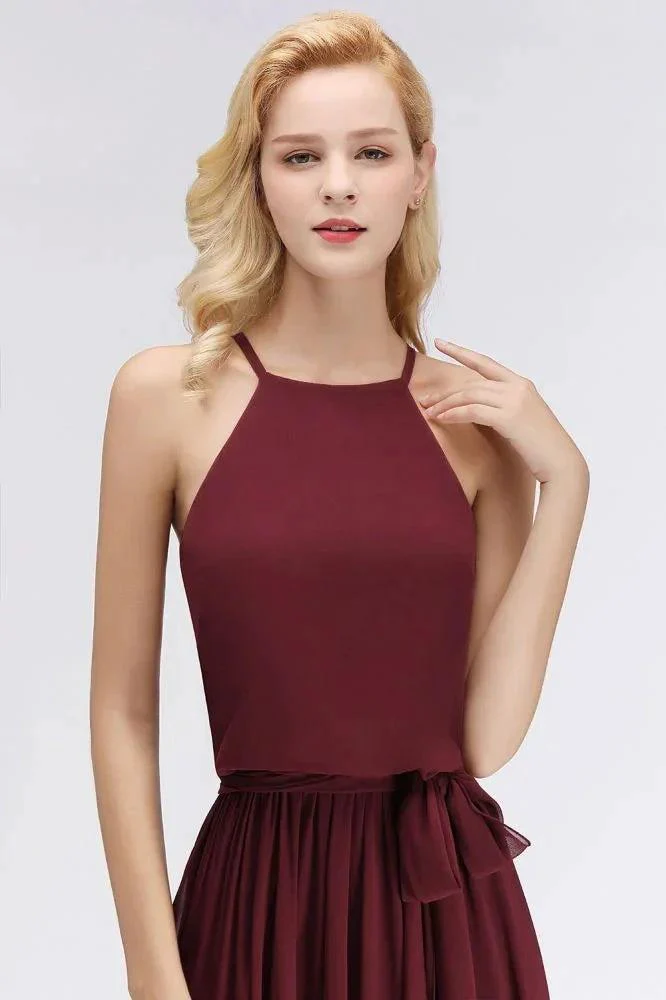 Halter Sleeveless A-line Burgundy Ruffles Chiffon Bridesmaid Dresses - Image 6