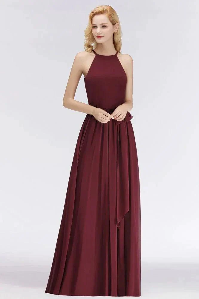 Halter Sleeveless A-line Burgundy Ruffles Chiffon Bridesmaid Dresses - Image 7
