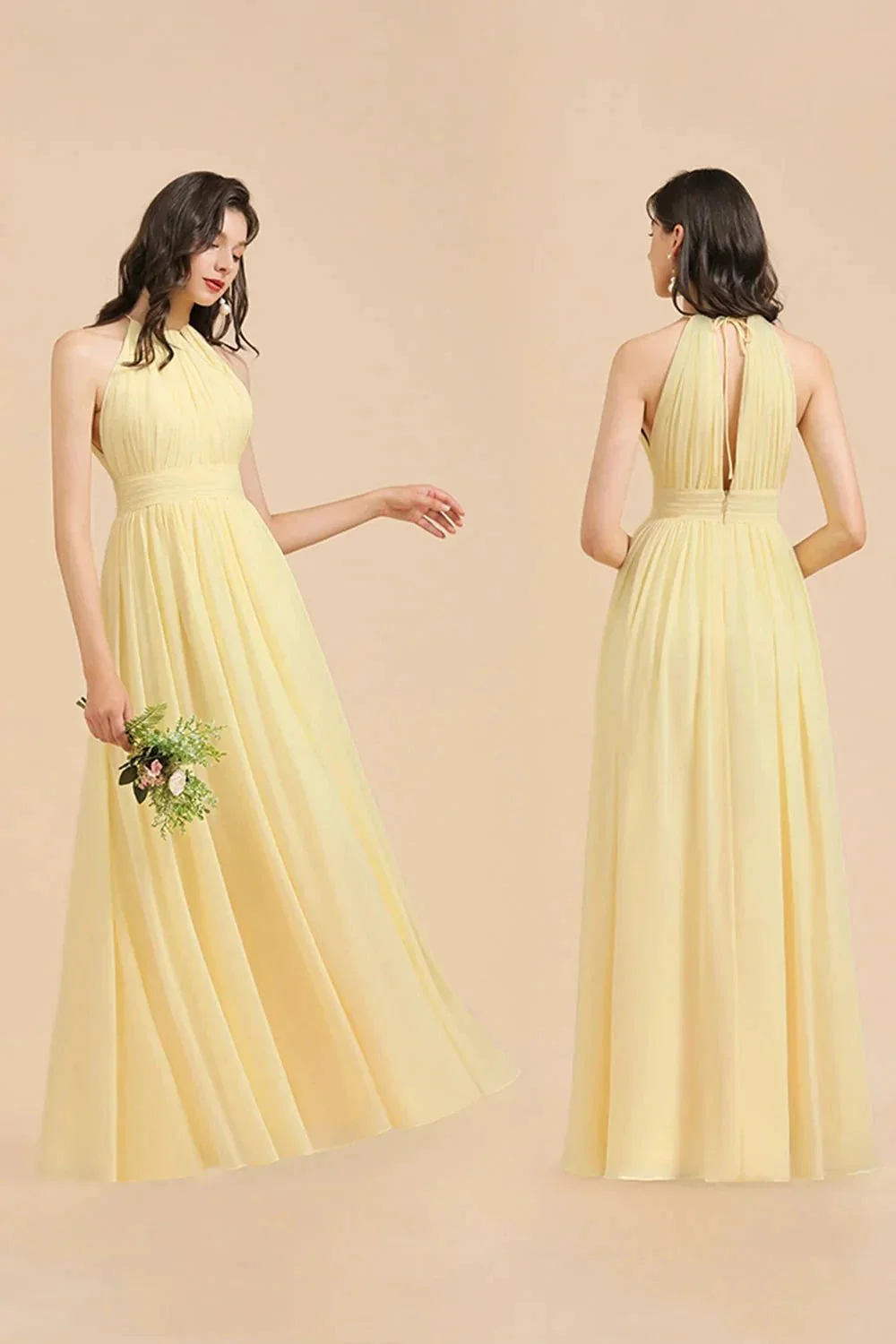 Halter Sleeveless Daffodil Chiffon Bridesmaid Dress with Ruffles - Image 10